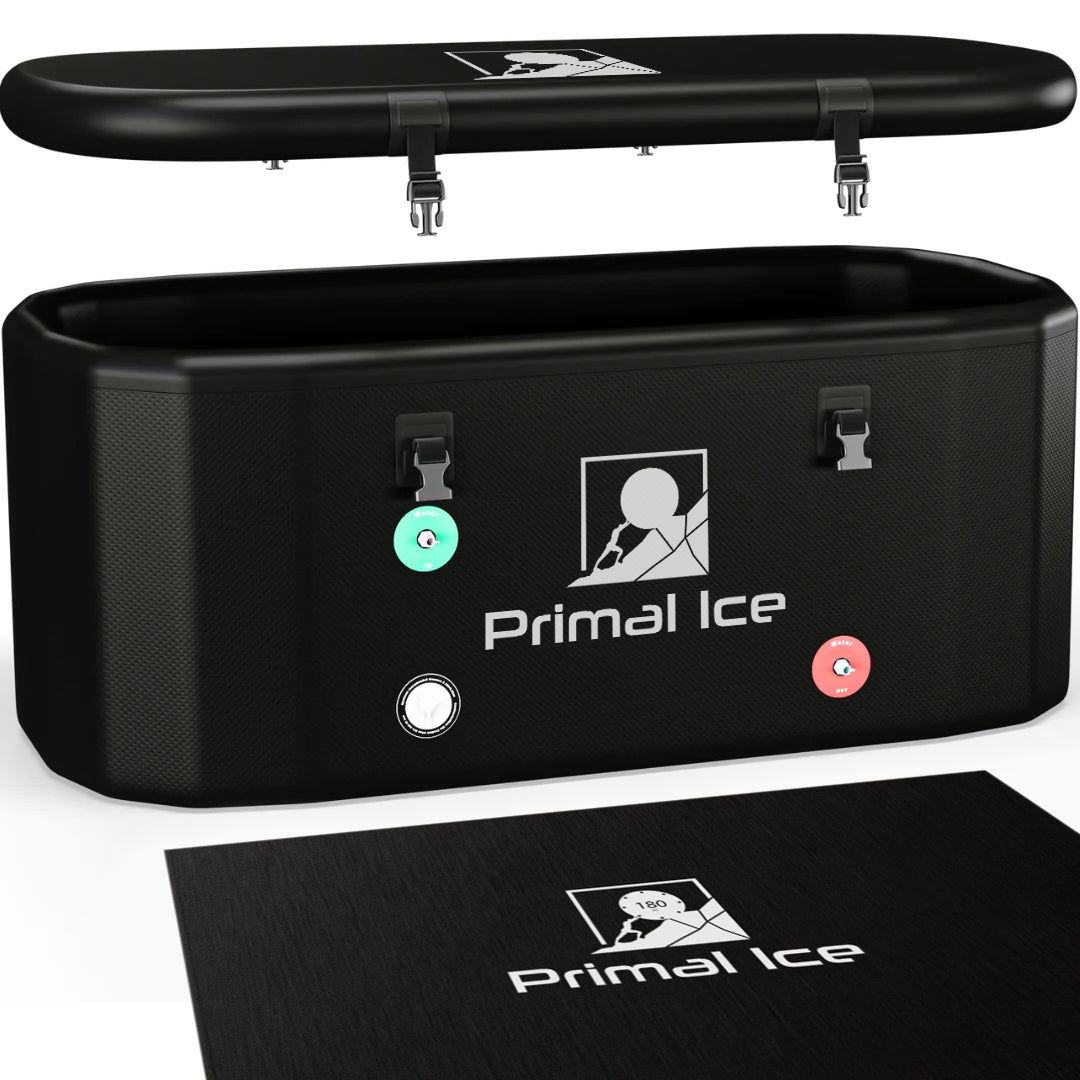 primal ice bath tub with lid above and mat below