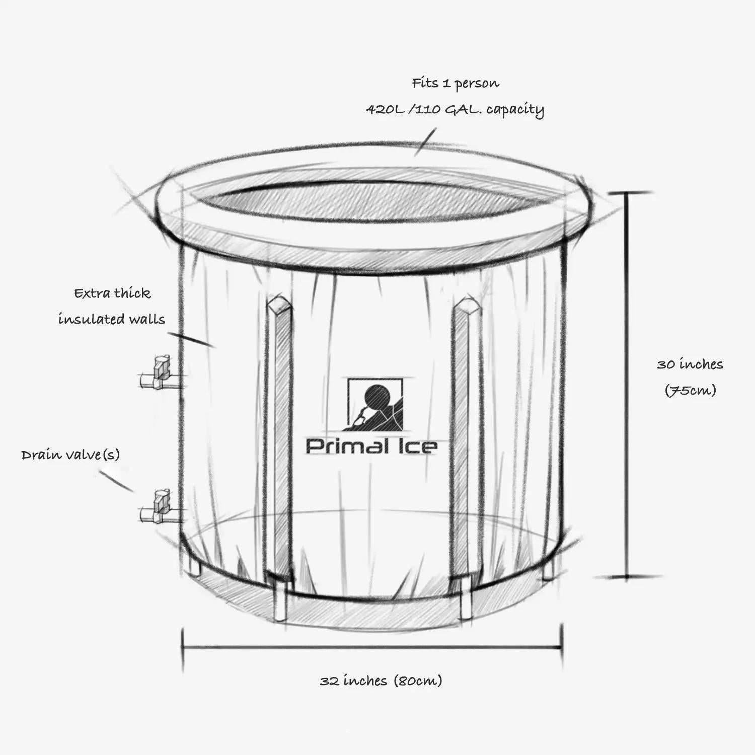 portable ice bath dimensions sketched on paper